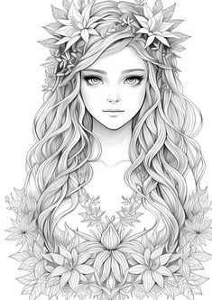 a girl with long hair and flowers on her head is shown in black and white