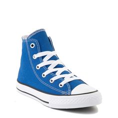 Complete their look with the iconic style of the Converse Chuck Taylor All Star Hi Sneaker! You're never too old, or young, for the original Chuck Taylor All Stars from Converse, featuring breathable canvas uppers with signature rubber cap toe an Blue Canvas Shoes For Sports In Spring, Blue Canvas Shoes For Spring Sports, Casual Cotton Canvas Shoes With Rubber Toe Cap, Blue Low-top Cotton Canvas Shoes, Blue Cotton Canvas Shoes For Streetwear, Blue Low-top Canvas Shoes, Sports Cotton Canvas Shoes With Round Toe, Blue Cotton Sneakers For Sports, Blue High-top Canvas Shoes For Sports