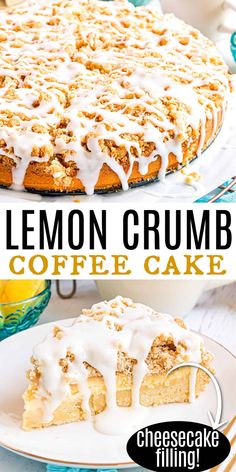 a lemon crumb coffee cake on a white plate