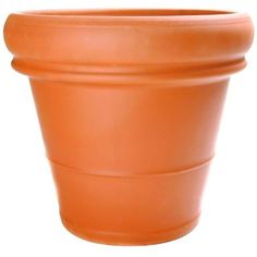 an orange plastic flower pot on a white background