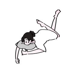 a drawing of a woman with her legs spread out in the air while holding onto a pillow