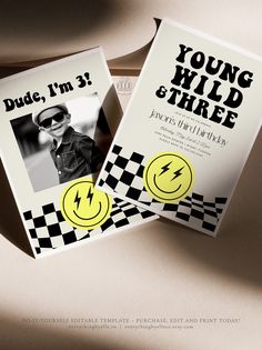 two flyers for young wild strike are shown on top of an envelope with a smiley face in the middle