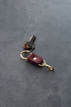 a pair of keys sitting on top of a keychain with a leather case