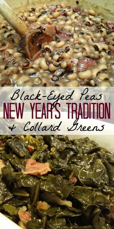 black - eyed peas and collard greens in a white bowl with text overlay