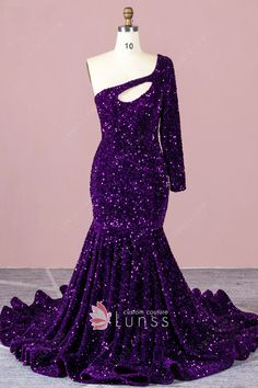 sparkly purple sequin one sleeve mermaid prom dress Dark Purple Sequin Dress, Shimmer Gowns, Sequin Mermaid Prom Dress, Matric Dress, Custom Made Prom Dress, Glittery Dress, Prom Inspo, Purple Prom, Dress Train