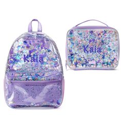 Personalized Clear Backpack with matching Lunchbox. Processing time is typically 3-7 business days before shipping. Please note, the backpack and lunchbox are personalized with permanent glitter adhesive vinyl. The lunchbox is not clear, only the backpack. You can do a name, initials or single initial on the items. If you want initials please leave them in the order you want it to appear, traditional monogram is first, LAST, middle. Backpack Specs - Dimensions: 11W x 6" D x 15" H - Clear vinyl b School Backpack With Glitter Details, Rectangular Backpack Gift For End Of School Year, Rectangular Backpack For End Of School Year Gift, School Glitter Backpack, School Backpack With Glitter, Purple Bags For End Of School Year Gift, Unicorn Confetti, Backpack Purple, Traditional Monogram