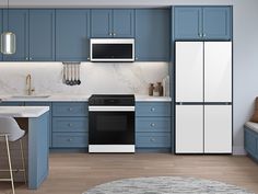 a kitchen with blue and white cabinets, an oven, microwave, counter tops, and stools