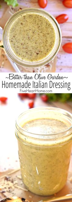 two images showing the process of making homemade italian dressing with tomatoes and herbs in the background