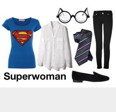 there is a shirt, tie, pants and glasses on this set with the words superwoman