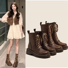 Lace-Up Boots (Various Designs)Boots Size 35 36 37 38 39 40 Heel Height 3-5 3-5 3-5 3-5 3-5 3-5 measurement is cm.Product Information Material: Upper: PUOutsole: Rubber Color: Black Combat Boot Outfits, Boot Outfits, Platform Mary Janes, Combat Boot, Platform Slippers, Kawaii Clothes, Dress With Cardigan, Trendy Fashion Women, Kawaii Fashion