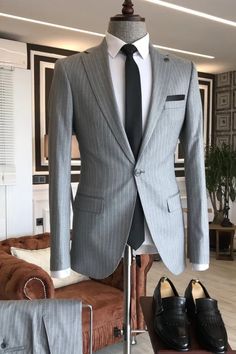 Men Suits Newest Gray Striped Notched Lapel Two Piece Business Suit Se – 27dress Business Men Suit, Grey Mens Suit, Grey Suit Men, High Low Prom Dresses