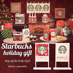 starbucks holiday gifts are on display in front of a fireplace