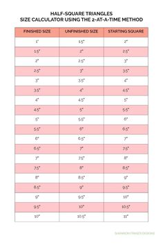 a table with measurements for the size and height of triangles