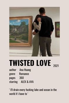 a man and woman standing next to each other in front of a painting with the words twisted love on it