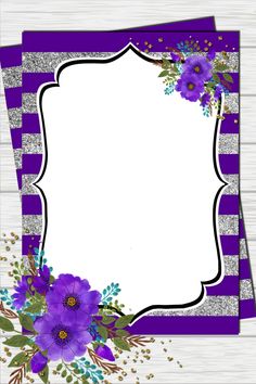 purple and silver striped paper with flowers on the border, in front of a white wooden background