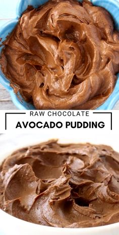 chocolate pudding in a blue bowl with the words raw chocolate avocado pudding on top