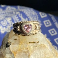 Very Beautiful And Well Taken Care Of Ring. It Has A Well Developed Patina And Has Been Tested And Authenticated As Sterling Silver. It Is Also Stamped To Verify. It’s A Comfortable Size 9 And Weighs 6.7 Grams Total Valentine's Day 925 Stamped Heart Ring, Vintage 925 Stamped Heart Ring, Unique Heart-shaped Stamped 925 Rings, Heart-shaped Cubic Zirconia Ring Stamped 925, Heart-shaped Sterling Silver Birthstone Ring For Valentine's Day, Cz Ring, Dream Jewelry, Pink Heart, Womens Jewelry Rings