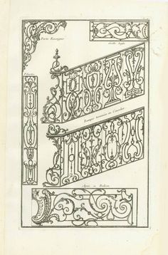 the design for an ornamental ironwork with scrolls and flowers on each side, in black ink