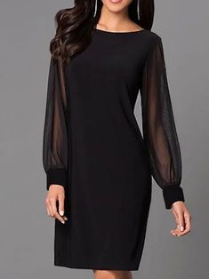 Party Long Sleeve Crew Neck Dress | justfashionnow Formal Wedding Guest Attire, Guest Attire, Solid Color Dress, Crewneck Dress, Business Outfit, Womens Black Dress, Long Sleeve Mini, Dress Plus Size, Evening Attire