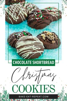 chocolate shortbread christmas cookies with white icing and sprinkles