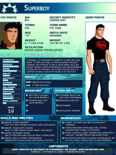 an info sheet for the character superman from dc's animated tv series, super boy