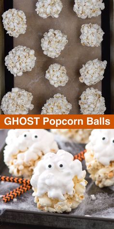 ghost popcorn balls with white frosting and sprinkles on top are ready to be eaten