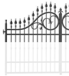 an iron fence with ornate designs on the top and bottom bars, is shown against a white background