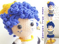 a crocheted doll with blue hair and yellow boots is shown in three different photos