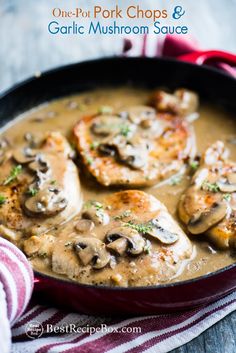 chicken with mushrooms and gravy in a skillet