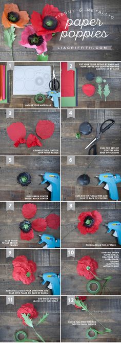 the instructions for making paper poppies are shown