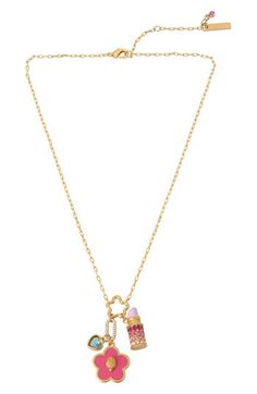 Bring playful color and sparkle to your outfits with this mixed-charm pendant necklace including a pavé lipstick charm and eagle-head-embellished flower. 16" length; 2" extender Lobster clasp closure Goldtone plate/glass/enamel Imported Preppy Accessories, Wrist Jewelry, Jewelry Accessories Ideas, Eagle Head, Funky Jewelry, Charm Pendant Necklace, Floral Jewellery, Girly Jewelry, Kurt Geiger