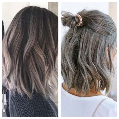 Brunette Hair Blend Grays, Short Grey Balayage Hair, Ash Grey Short Hair, Light Brown Grey Hair, Ash Brown Bob Haircut, Best Hair Color To Hide Grey Hair On Brunette, Short Ashy Brown Hair, Grey Hair Growing Out, Gray Blending Hair