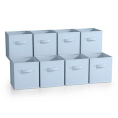 six blue storage boxes stacked on top of each other