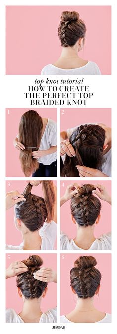 We think this braid is top knot! Learn how to create the perfect braided top knot on blog.justfab.com Sanggul Modern, Braided Top Knots, Makeup Tip, Easy Hairstyle, Peinados Fáciles Para Cabello Corto, Penteado Cabelo Curto, Braided Bun