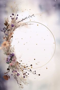 a circular frame with flowers and leaves in the middle on a cloudy sky background that has gold confetti sprinkles