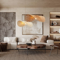 a living room filled with lots of furniture next to a wall mounted art piece on the wall