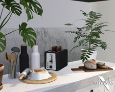 a kitchen counter topped with lots of different types of food and plants on top of it