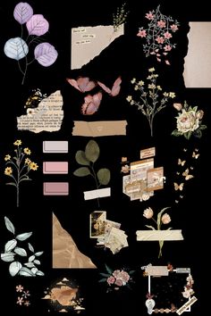 a collage of flowers and other items on a black background, including paper tags