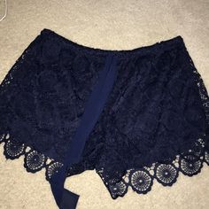 Navy And Lace Short Bottoms With Lace Trim For Sleep, Lace Trim Lace Shorts, Blue Sleep Shorts, Summer Lace Shorts With Lace Trim, Sleep Shorts With Lace Trim, Color Blue, Womens Shorts, Navy, Lace