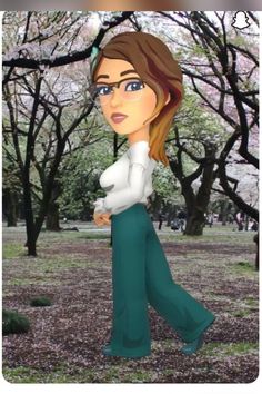 an animated woman walking through a park with trees in the background and texting that reads,