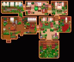 the floor plan of a house with several rooms and lots of green plants in it