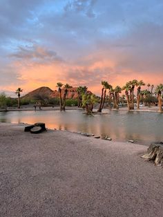 a lake with palm trees in the background and a sky filled with clouds above it