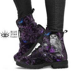 ‼️👉Please read our store announcement for updated information about order deadlines and delays.  Men's/Women's Vegan Boots  Colors and Design Black background with purple grunge. Purple floral design. Gray owl with purple roses. Magical key with amethyst purple gemstone. Blue and purple butterflies. These are AMAZING! When did you last feel that your shoes help express your personality? Or when is the last time you were complimented on your shoes? If this isn't often, then read on... Most local Magical Key, Purple Grunge, Shoe Stores, Outfit Reference, Witch Core, Combat Boots Men, Goth Boots, Purple Owl, Vegan Leather Boots