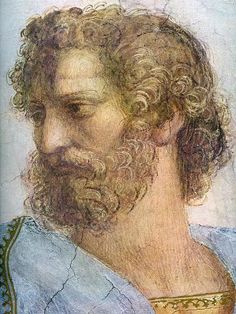 an old painting of a man with curly hair and beard wearing a blue shirt, looking to his left