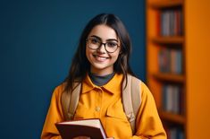 a woman wearing glasses holding a book in front of a bookshelf and smiling at the camera