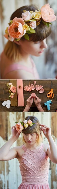 Add some florals to your wardrobe with this easy fashion DIY tutorial for a paper flower crown from Lia Griffith. It’s great for bridal parties, special occasions or as an excuse to dress up any outfit! Paper Flower Crown, Trendy Party Dresses, Easy Wreaths, Wedding Party Outfits, Diy Bridal