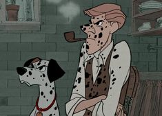 a man sitting in a chair next to a dalmatian dog with a pipe in his mouth