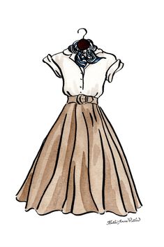 a drawing of a woman's dress on a mannequin stand with her hands in her pockets