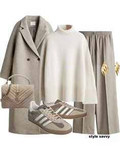 Winter Outfits Trainers, Wool Coat Sneakers Outfit, Casual Work Outfit Sneakers, Smart Casual Work Outfit With Sneakers, Winter Office Work Outfit, London Outfit Inspo Winter, Beige Trainers Outfit, Winter Outfits For Europe, Beige Trousers Outfit Winter