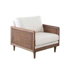 a chair with white cushions and wooden legs